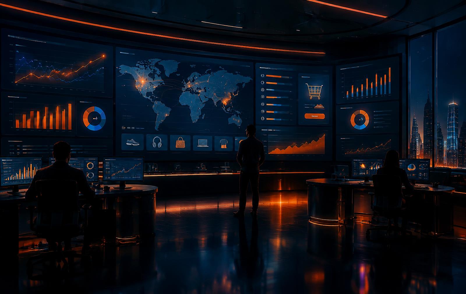 Tech command center with screens showing e-commerce analytics dashboards