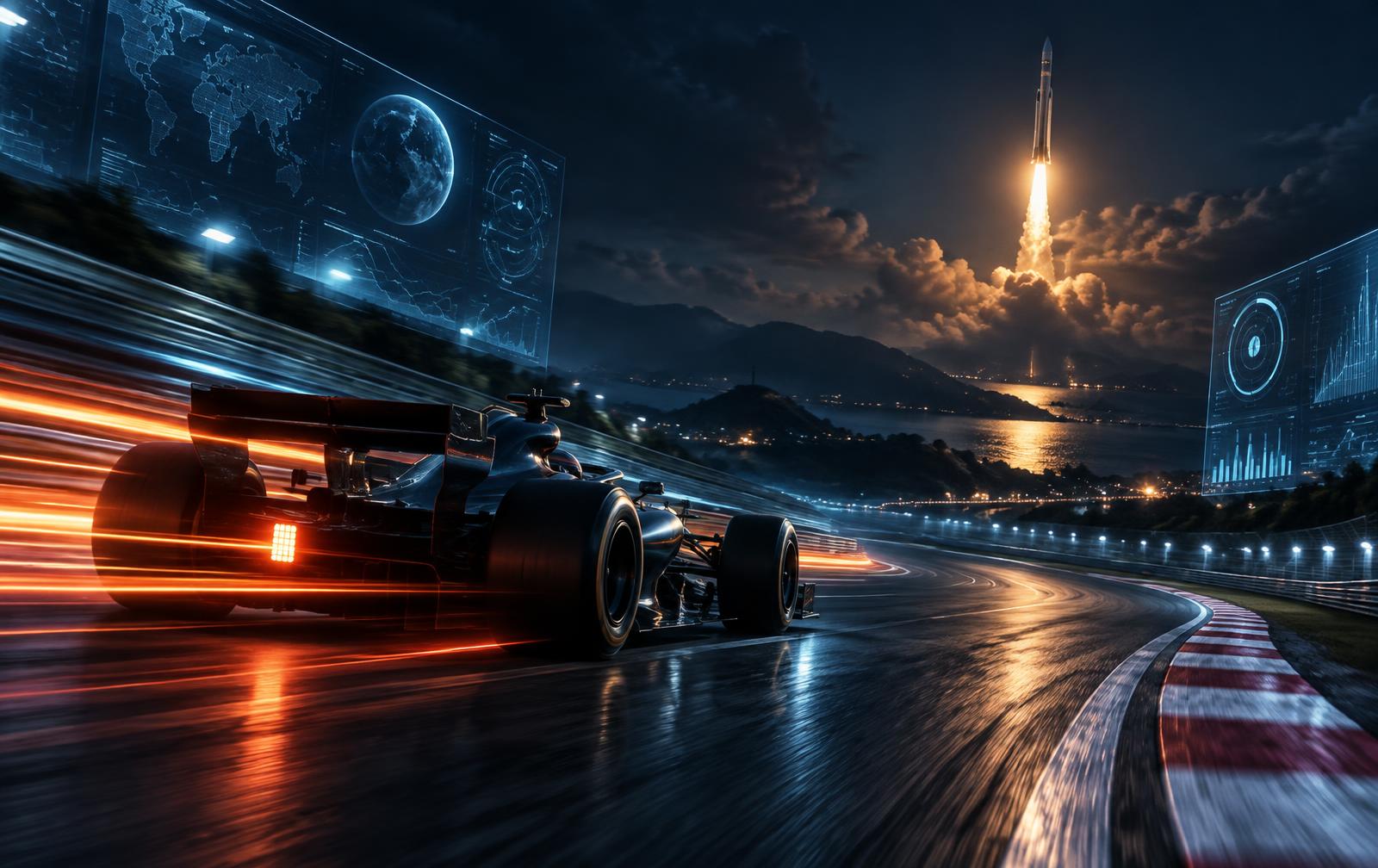 Racetrack at night under stadium lights